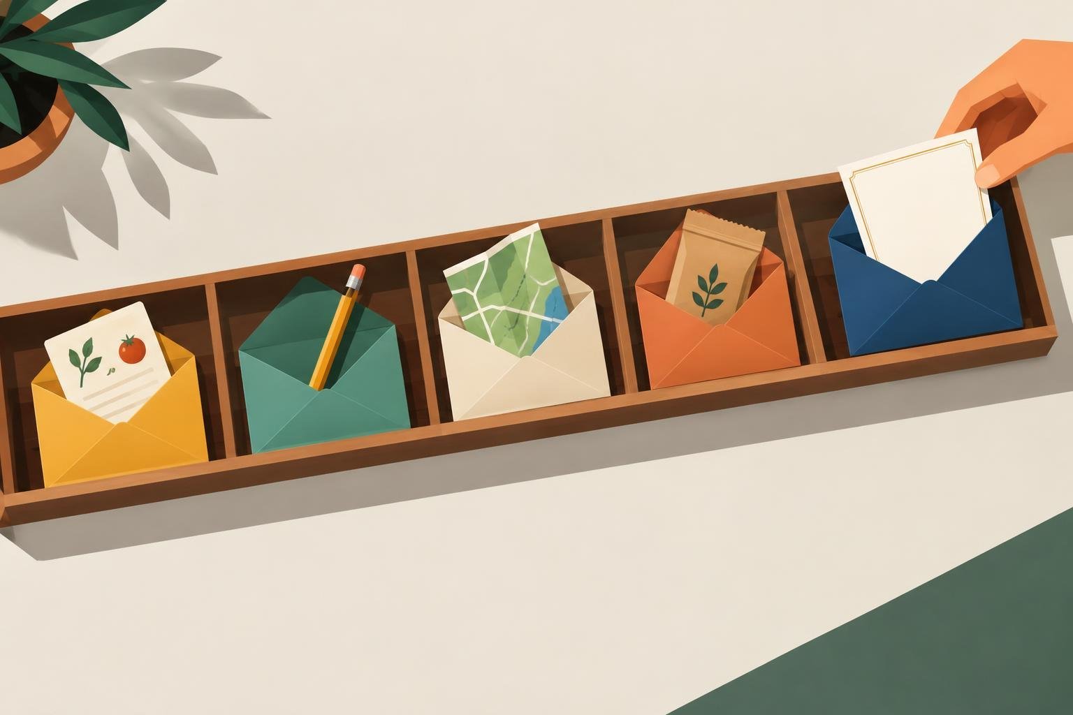Five envelopes arranged in sequence with useful inserts, illustrating a series of welcome emails that guides a new subscriber.