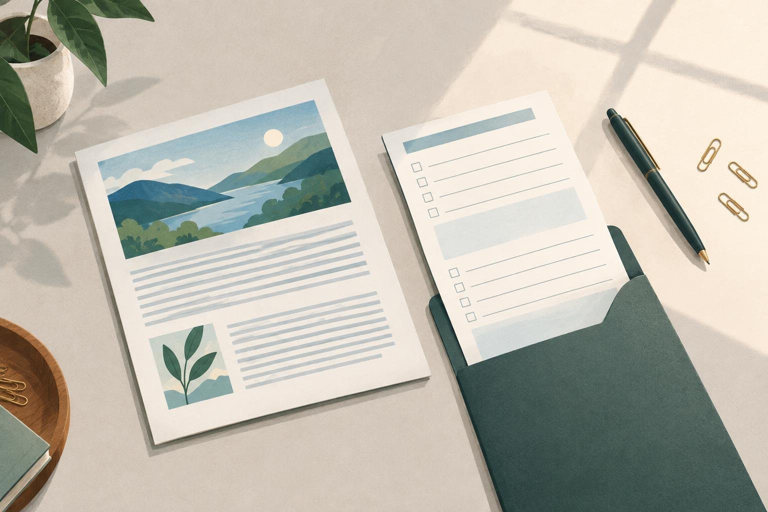 A worksheet being placed beside a printed article to represent a practical blog content upgrade
